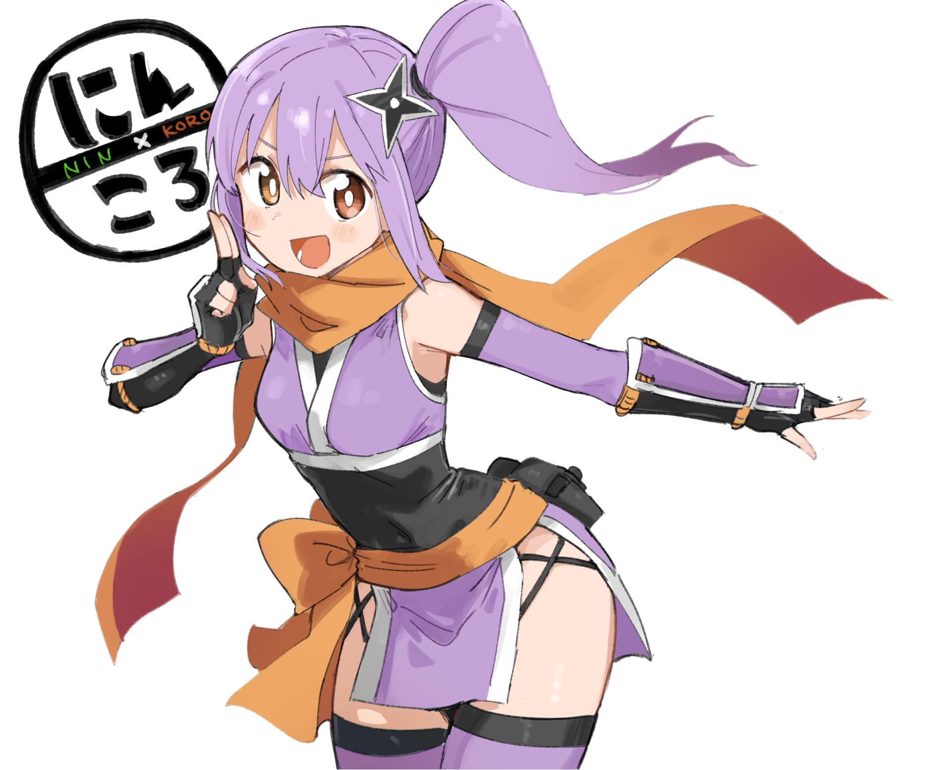 hundredburger, kusagakure satoko, ninja to koroshiya no futarigurashi, highres, official art, 1girl, bridal gauntlets, brown eyes, copyright name, elbow gloves, fingerless gloves, gloves, japanese clothes, kimono, long hair, ninja, open mouth, orange scarf, ponytail, purple bridal gauntlets, purple hair, purple kimono, purple thighhighs, scarf, shuriken hair ornament, simple background, sleeveless, sleeveless kimono, thighhighs, white background