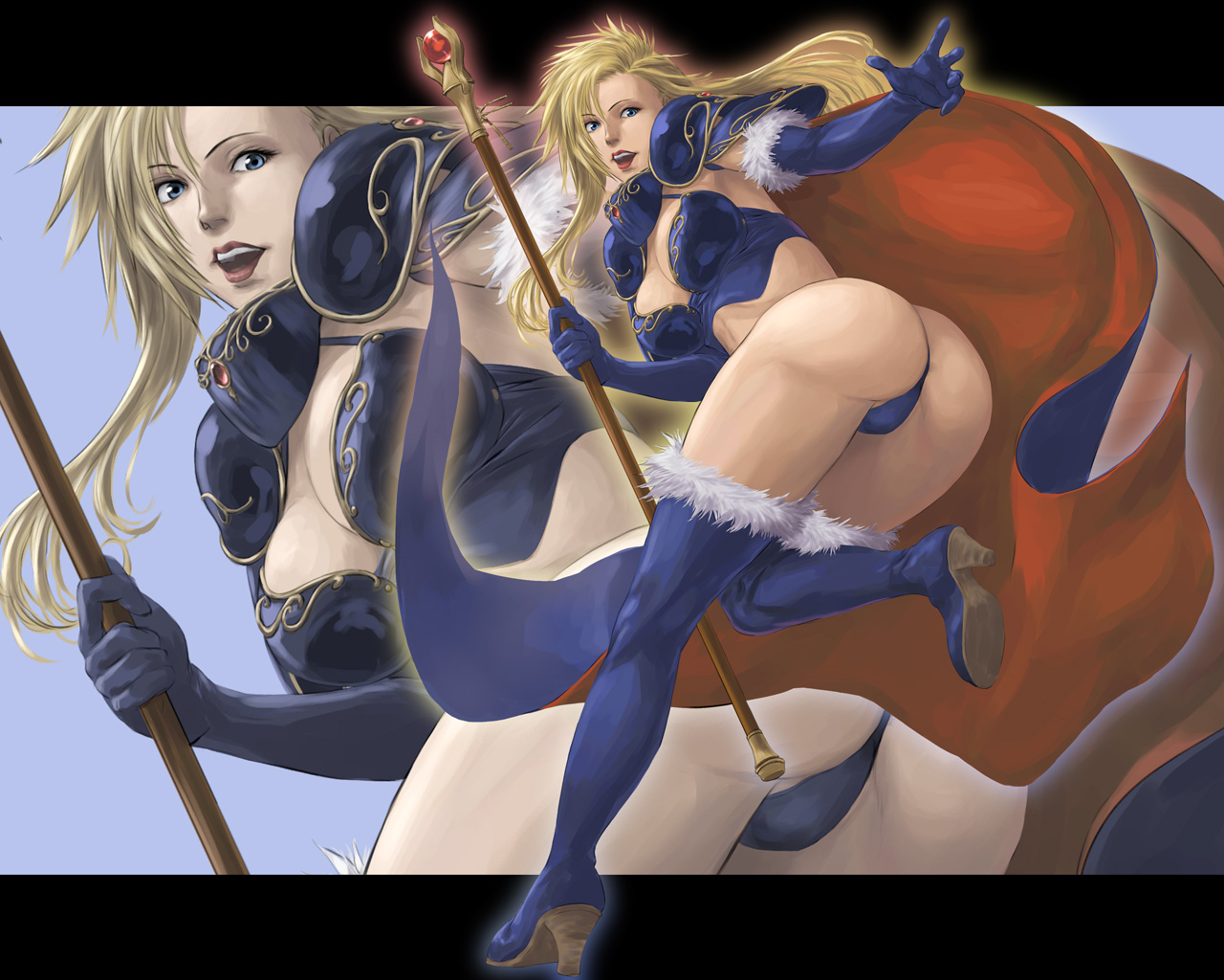 ryu (gaquarium), dela, dela delon, brandish, brandish (video game), falcom, 1girl, armor, ass, bent over, bikini armor, blonde hair, blue background, blue boots, blue eyes, blue gloves, boots, breasts, cape, cleavage, elbow gloves, female focus, fur-trimmed boots, fur trim, gloves, high heels, large breasts, lipstick, long hair, looking at viewer, looking back, makeup, medium breasts, open mouth, simple background, solo, staff, teeth, thigh boots, thighhighs, thong, zoom layer