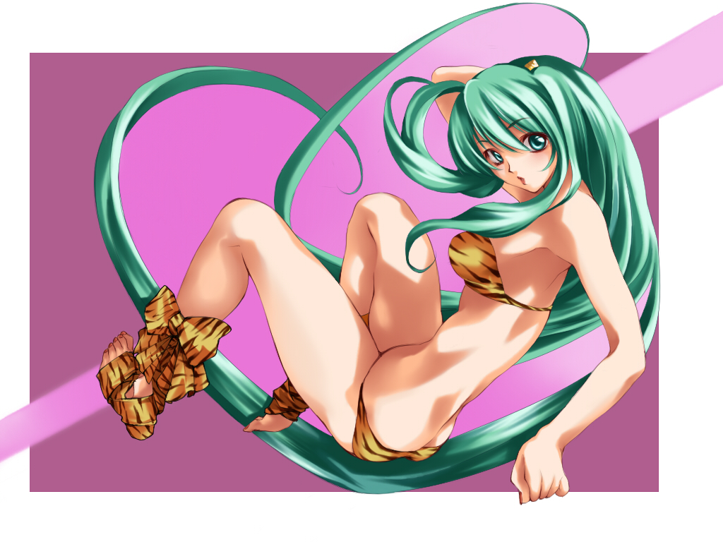 alric, lum, urusei yatsura, 1girl, animal print, breasts, female focus, full body, green eyes, green hair, horns, long hair, matching hair/eyes, solo, swimsuit, tiger print, very long hair