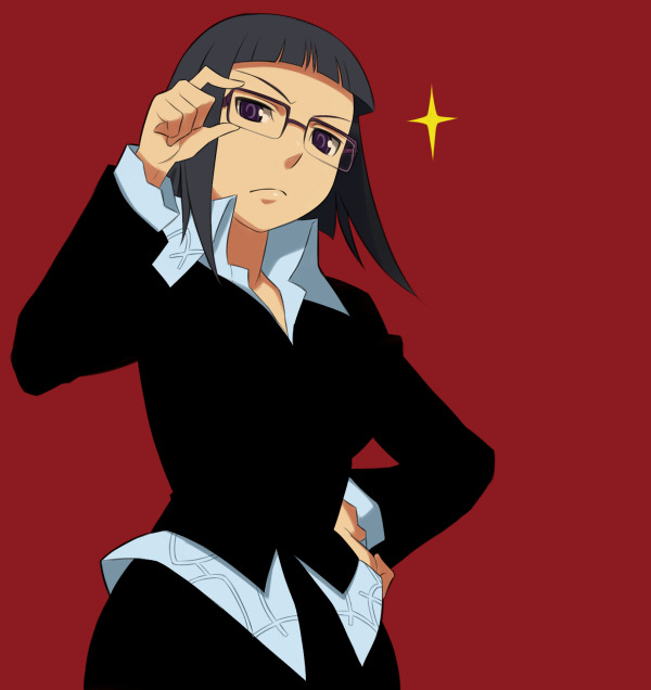 maruto!, azusa yumi, soul eater, bad id, bad pixiv id, 1girl, adjusting eyewear, black hair, blunt bangs, female focus, glasses, hand on own hip, purple eyes, solo