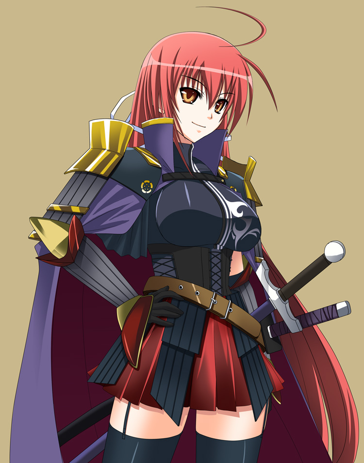 ichimedoo, oda nobunaga (sengoku hime), sengoku hime, gender request, 1girl, ahoge, armor, breasts, cape, corset, female focus, genderswap, long hair, red hair, simple background, solo, sword, thighhighs, very long hair, weapon, zettai ryouiki