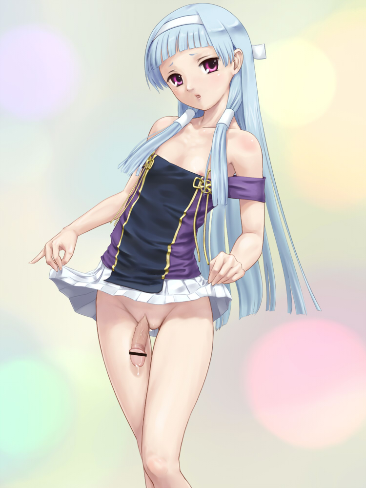 rasukaru, nagi, kannagi, 00s, 1futa, blue hair, blunt bangs, censored, clothes lift, flaccid, flat chest, futanari, hair tubes, hairband, long hair, no testicles, penis, pink eyes, pleated skirt, precum, skirt, skirt lift, solo, strap slip, white skirt