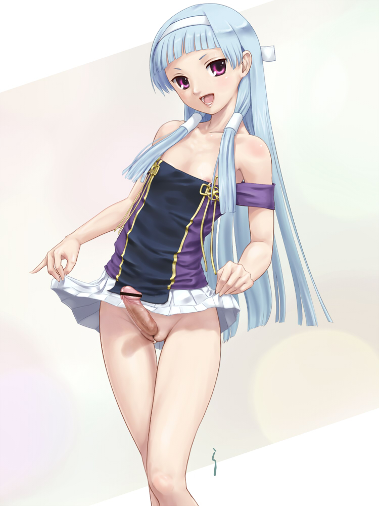 rasukaru, nagi, kannagi, 00s, 1futa, blue hair, blunt bangs, censored, clothes lift, flat chest, futanari, hair tubes, hairband, loli, long hair, no testicles, penis, pink eyes, pleated skirt, pussy, skirt, skirt lift, solo, strap slip, white skirt