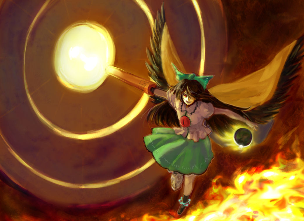 had (had314), reiuji utsuho, touhou, bad id, bad pixiv id, 1girl, black sun, black wings, bow, female focus, fire, flying, hair bow, hair over one eye, long hair, red eyes, solo, sun, wings