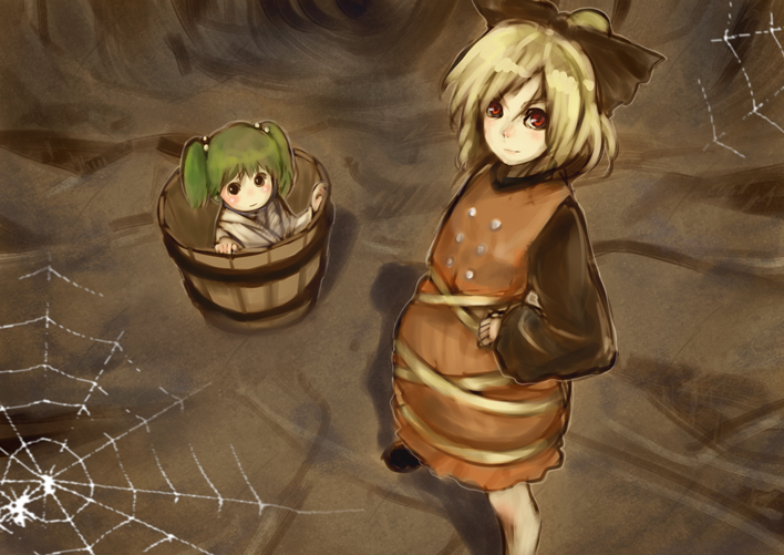had (had314), kisume, kurodani yamame, touhou, bad id, bad pixiv id, 2girls, bucket, cave, female focus, from above, hand on own hip, in bucket, in container, looking up, multiple girls, silk, smile, spider web