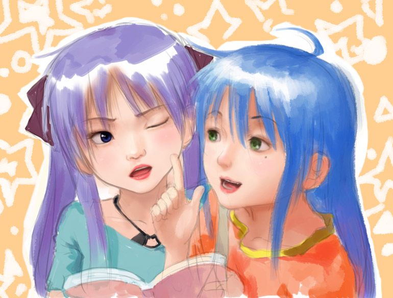 hiiragi kagami, izumi konata, lucky star, non-web source, 00s, 2girls, ahoge, artistic error, blue eyes, blue hair, book, cheek poking, extra digits, green eyes, long hair, mole, mole under eye, multiple girls, one eye closed, poking, purple hair, realistic, twintails, wink