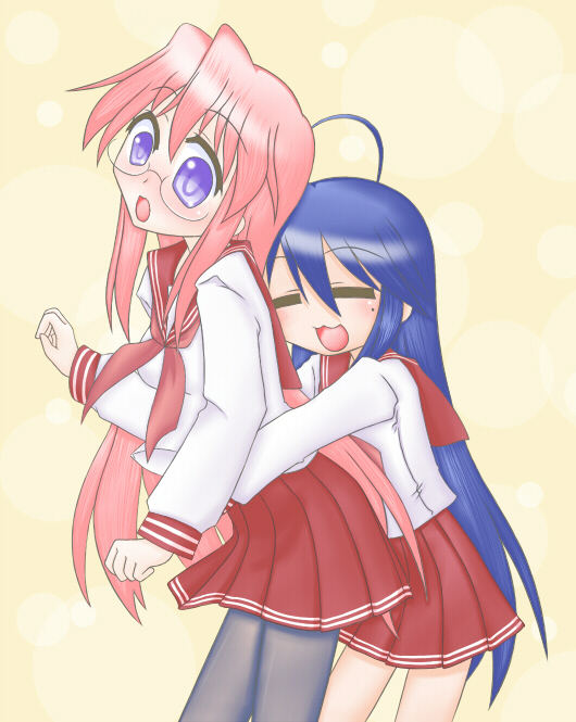 izumi konata, takara miyuki, lucky star, bad id, bad pixiv id, non-web source, 00s, 2girls, ahoge, blue hair, green eyes, hug, long hair, mole, mole under eye, multiple girls, pantyhose, pink hair, purple eyes, school uniform, serafuku