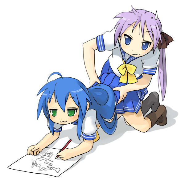 hiiragi kagami, izumi konata, lucky star, non-web source, 00s, 2girls, :3, ahoge, all fours, blue eyes, blue hair, drawing (action), dry humping, green eyes, humping, kneeling, long hair, mole, mole under eye, multiple girls, purple hair, school uniform, serafuku, sexually suggestive, simple background, socks, twintails, white background, yuri