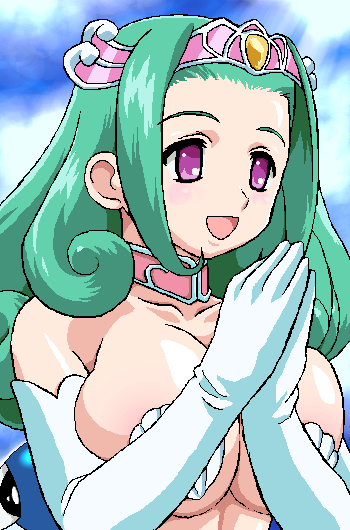 nanashi mushi, lulu (magipoka), renkin san-kyuu magical pokaan, 1girl, :d, bare shoulders, bikini, breasts, breasts squeezed together, choker, cloud, elbow gloves, female focus, gloves, green hair, huge breasts, long hair, looking to the side, mermaid, monster girl, open mouth, purple eyes, seashell, shell, shell bikini, smile, solo, tiara, underboob, upper body