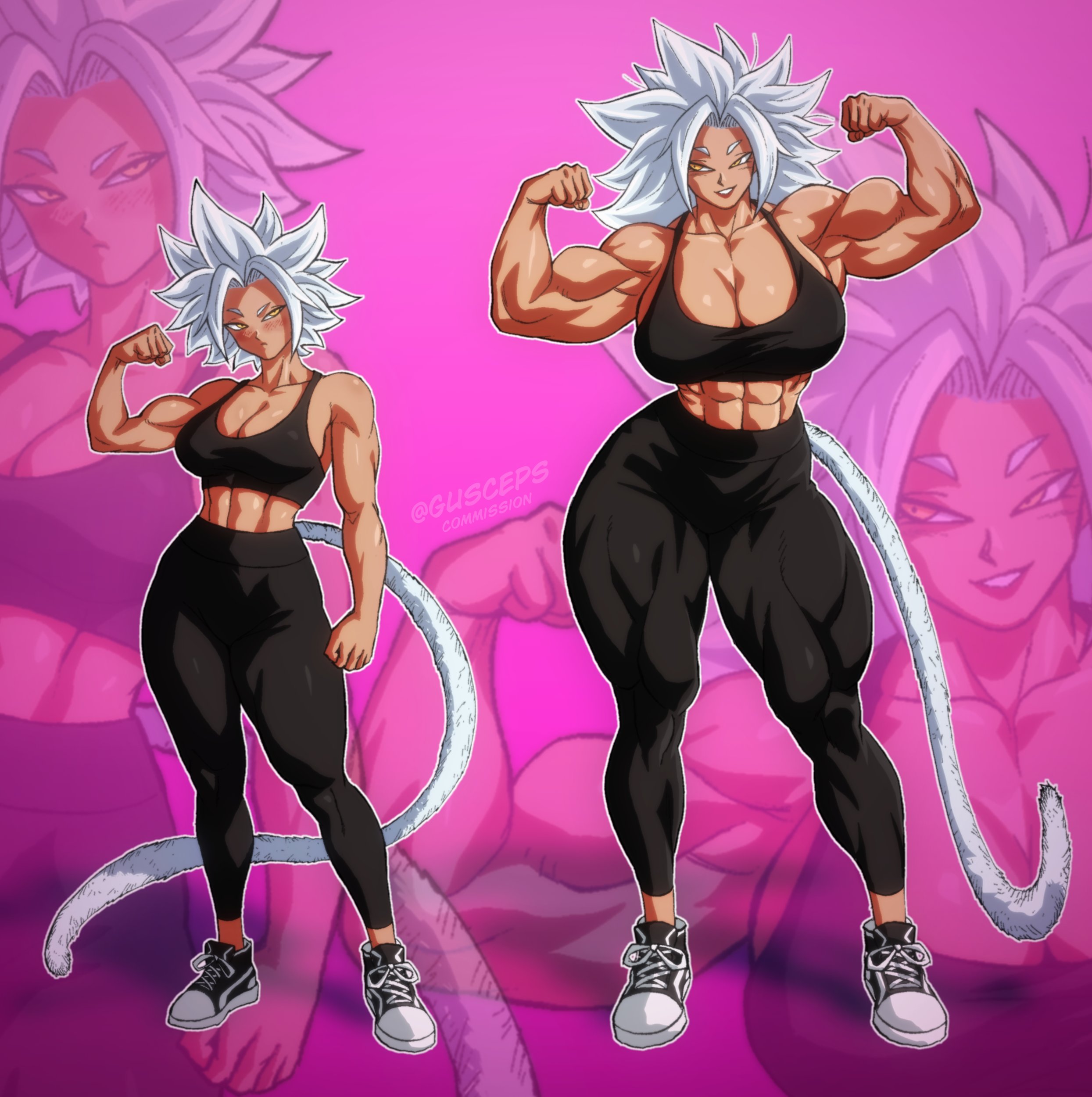 gusceps, dragon ball, 2girls, abs, artist name, blush, breasts, fanwork, full body, huge breasts, large breasts, multiple girls, muscular, muscular female, pants, saiyan, serious, shoes, size difference, smile, sneakers, spiked hair, sports bra, sportswear, tail, white hair