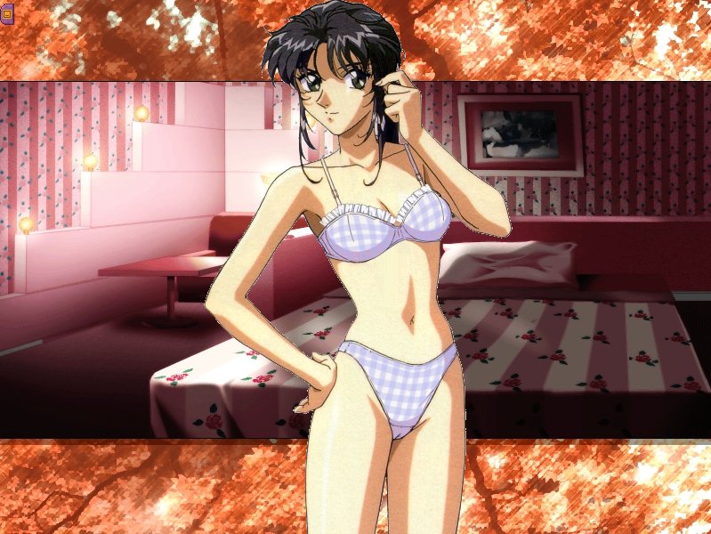 non-web source, 1girl, bedroom, black eyes, black hair, bra, female focus, lingerie, long hair, panties, ponytail, solo, underwear, underwear only