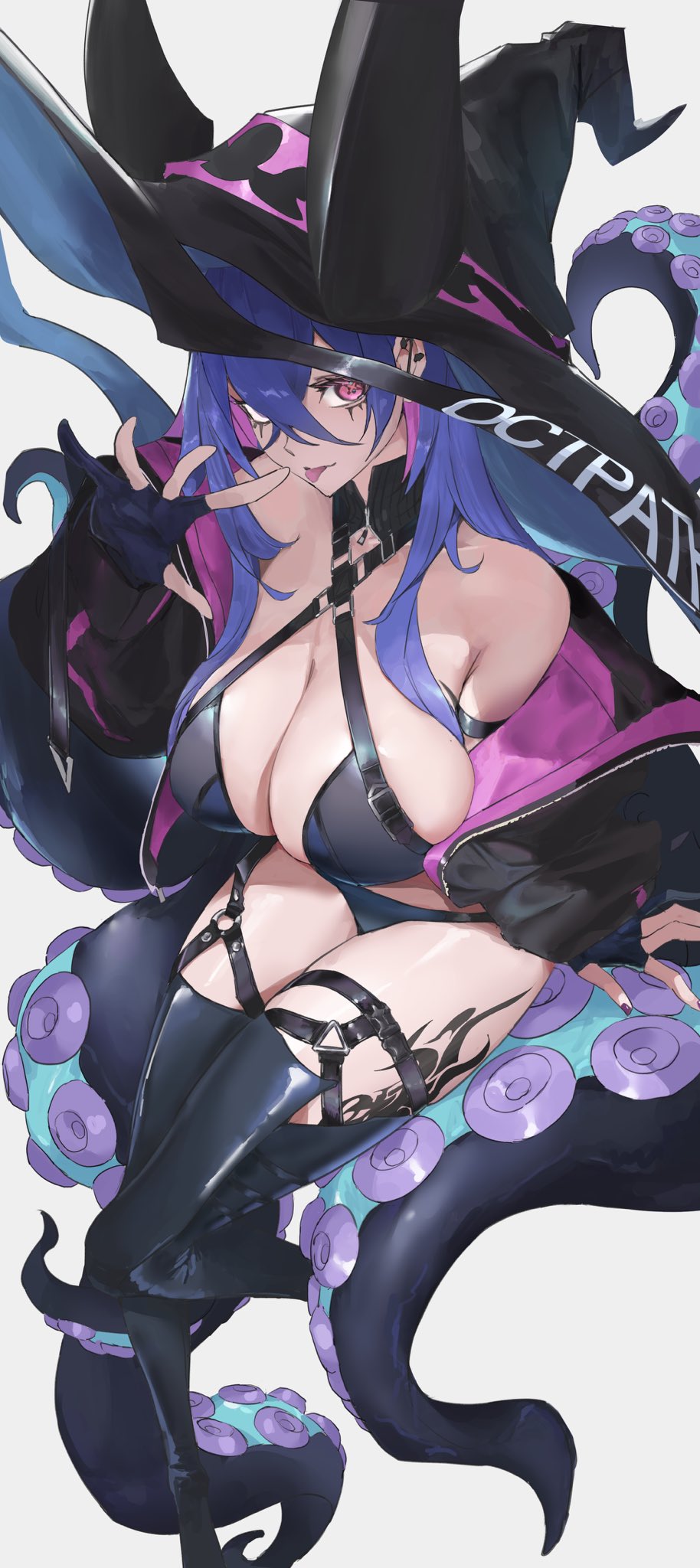 original, 1girl, bare shoulders, breasts, buckle, butterfly-shaped pupils, fingerless gloves, garter straps, gloves, grey background, hat, jacket, kai (kkai811), large breasts, latex, leg tattoo, long hair, looking at viewer, nails, o-ring, one eye covered, pink eyes, purple hair, suspenders, symbol-shaped pupils, tattoo, tentacles, thighhighs, tongue, tongue out, witch hat