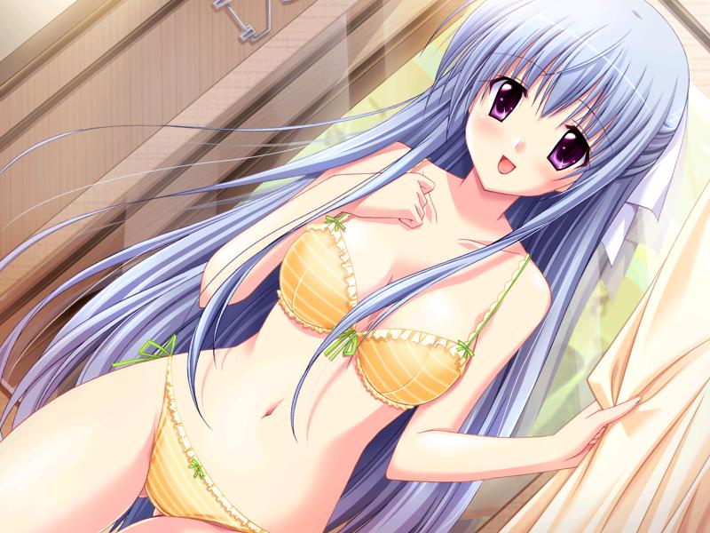 choco chip, onoshima kusumi, atelier kaguya, prima stella, game cg, jpeg artifacts, non-web source, 1girl, blue hair, bra, dressing room, dutch angle, female focus, lingerie, long hair, mirror, panties, purple eyes, reflection, solo, striped bra, striped clothes, striped panties, underwear, underwear only, yellow bra, yellow panties
