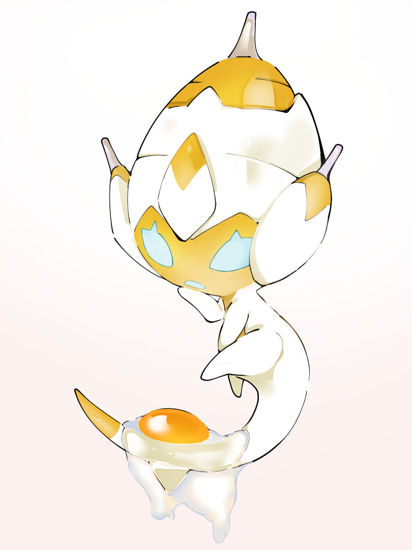 poipole, nintendo, pokemon, commentary request, alternate color, egg (food), food, full body, gen 7 pokemon, no humans, open mouth, pokemon (creature), pokemon focus, shiny pokemon, simple background, solo, ultra beast, user shkd5788, white background