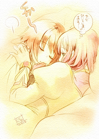 nyagojiro, estellise sidos heurassein, rita mordio, tales of (series), tales of vesperia, bad id, bad pixiv id, translated, 00s, 2girls, multiple girls, pink hair, short hair, sleeping
