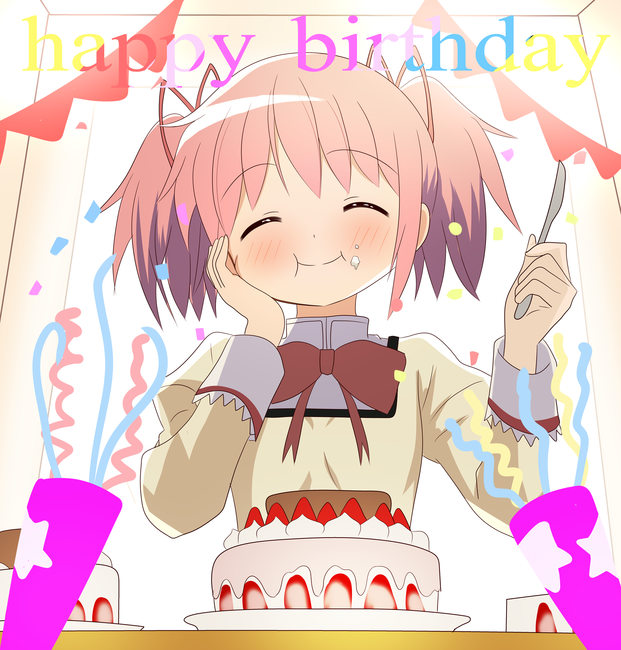 kaname madoka, mahou shoujo madoka magica, mahou shoujo madoka magica (anime), highres, 1girl, birthday cake, bow, bowtie, cake, closed eyes, crumbs, food, hair ribbon, hand on own cheek, hand on own face, happy birthday, holding, holding knife, knife, long sleeves, madomain, medium hair, mitakihara school uniform, red bow, red bowtie, red ribbon, ribbon, school uniform, shirt, short twintails, smile, strawberry shortcake, twintails, yellow shirt