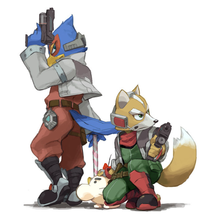 motohashi mari, doseisan, falco lombardi, fox mccloud, mother (series), nintendo, star fox, super smash bros., 2boys, furry, furry male, gloves, green eyes, gun, headset, multiple boys, scarf, tail, weapon