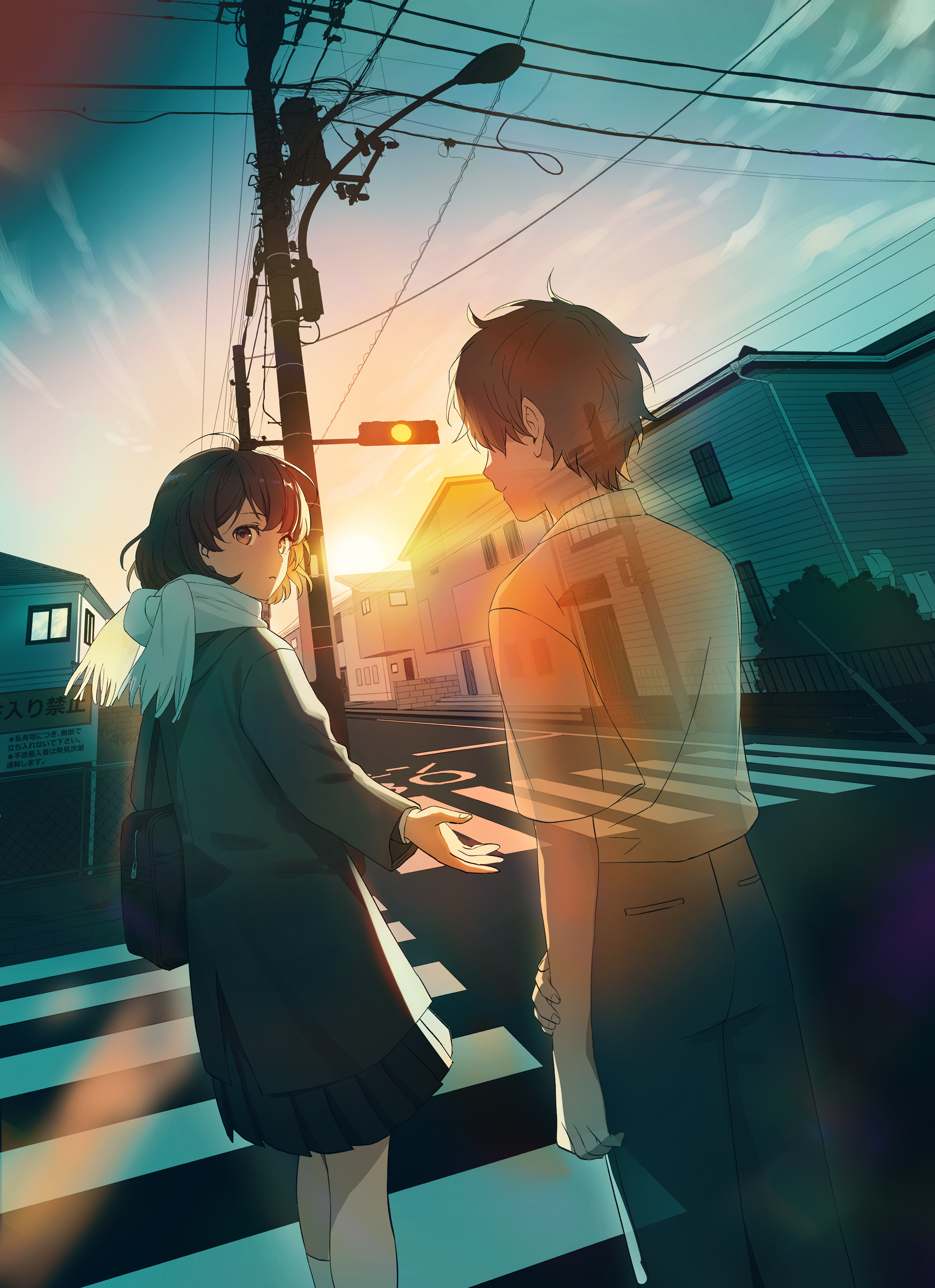 original, absurdres, commentary request, highres, 1boy, 1girl, bag, black hair, black pants, black skirt, brown eyes, building, closed mouth, coat, crosswalk, expressionless, ghost, green coat, house, long sleeves, looking at viewer, looking back, outdoors, pants, pleated skirt, power lines, scarf, school bag, shirt, short hair, short sleeves, skirt, standing, sun, sunset, traffic light, turning head, user mmpv2224, utility pole, very short hair, white scarf, white shirt