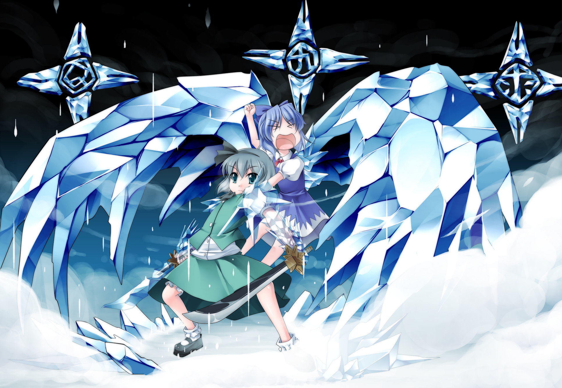 tajuu, cirno, hitsugaya toushirou, konpaku youmu, bleach, touhou, silver hair, highres, > <, 2girls, bankai, blue hair, bobby socks, borrowed weapon, bow, circled 9, closed eyes, daiguren hyourinmaru (bankai), dress, female focus, green eyes, hairband, ice, katana, mary janes, multiple girls, parody, ribbon, shoes, short hair, socks, sword, weapon, wings
