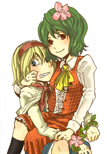 charin, alice margatroid, kazami yuuka, touhou, bad id, bad pixiv id, lowres, 2girls, ascot, blonde hair, blue eyes, cheek pinching, female focus, flower, green hair, hair flower, hair ornament, hairband, multiple girls, pinching, plaid clothes, plaid skirt, plaid vest, red eyes, ribbon, short hair, skirt, skirt set, tears, vest