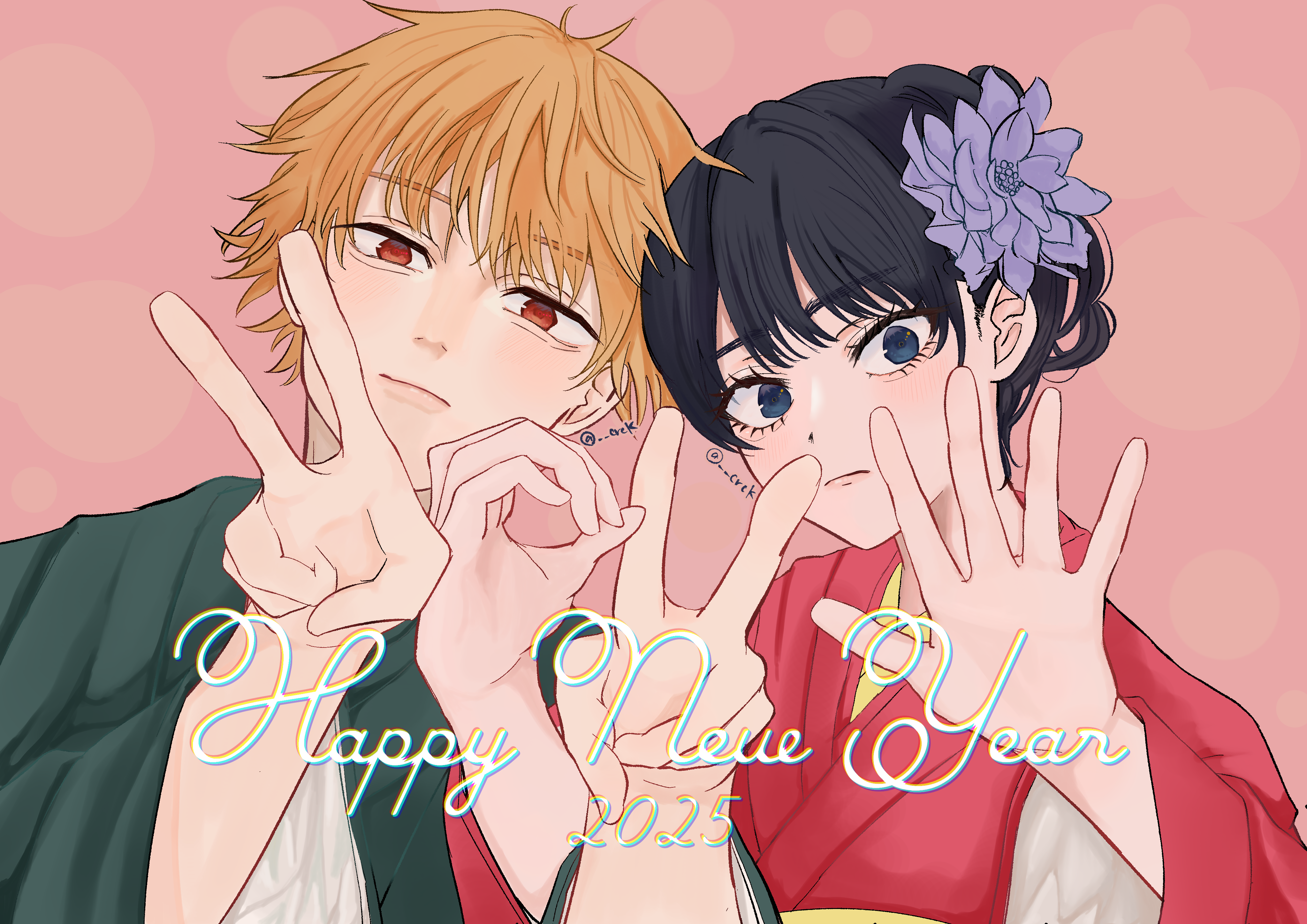 denji (chainsaw man), mitaka asa, chainsaw man, absurdres, commentary request, highres, 1boy, 1girl, 2025, aegyo sal, black hair, blonde hair, finger counting duo, flower, green kimono, hair flower, hair ornament, happy new year, japanese clothes, kimono, looking at viewer, new year, red kimono, twitter username, upper body, yurayuracocco