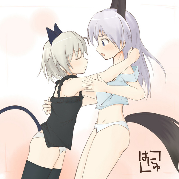 eila ilmatar juutilainen, sanya v. litvyak, hanyu, strike witches, world witches series, resized, 2girls, alternate hair color, animal ears, blush, bottomless, closed eyes, grey hair, hug, incipient kiss, lingerie, multiple girls, off shoulder, pixiv thumbnail, purple hair, signature, simple background, strap slip, surprised, tail, thighhighs, underwear, yuri