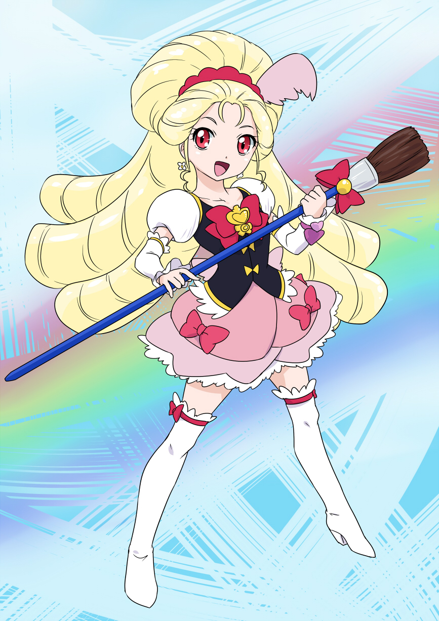dengeki gx, cure art, happinesscharge precure!, precure, highres, 1girl, blonde hair, bow, bowtie, curly hair, dress, frilled dress, frilled skirt, frills, hair ornament, international precure, magical girl, paintbrush, pink bow, pink bowtie, red eyes, skirt, smile, thighhighs, white thighhighs