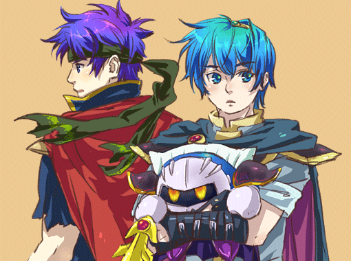 ike (fire emblem), marth (fire emblem), meta knight, fire emblem, fire emblem: mystery of the emblem, fire emblem: path of radiance, kirby (series), nintendo, super smash bros., 2boys, blue eyes, blue hair, cape, galaxia (sword), gloves, headband, mask, multiple boys, simple background, sword, tiara, weapon