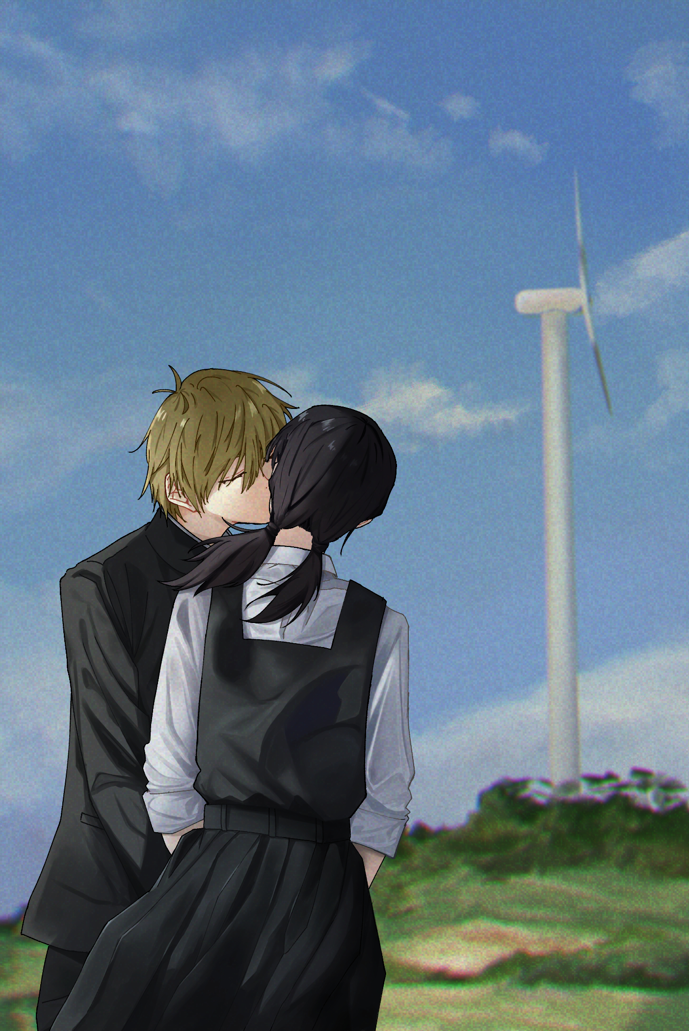 denji (chainsaw man), mitaka asa, chainsaw man, commentary request, highres, 1boy, 1girl, black dress, black hair, black jacket, black pants, blonde hair, closed eyes, dress, gakuran, hetero, jacket, kiss, kissing cheek, okiru (gxrz8275), outdoors, pants, pinafore dress, school uniform, shirt, sleeveless, sleeveless dress, twintails, white shirt, wind turbine, windmill