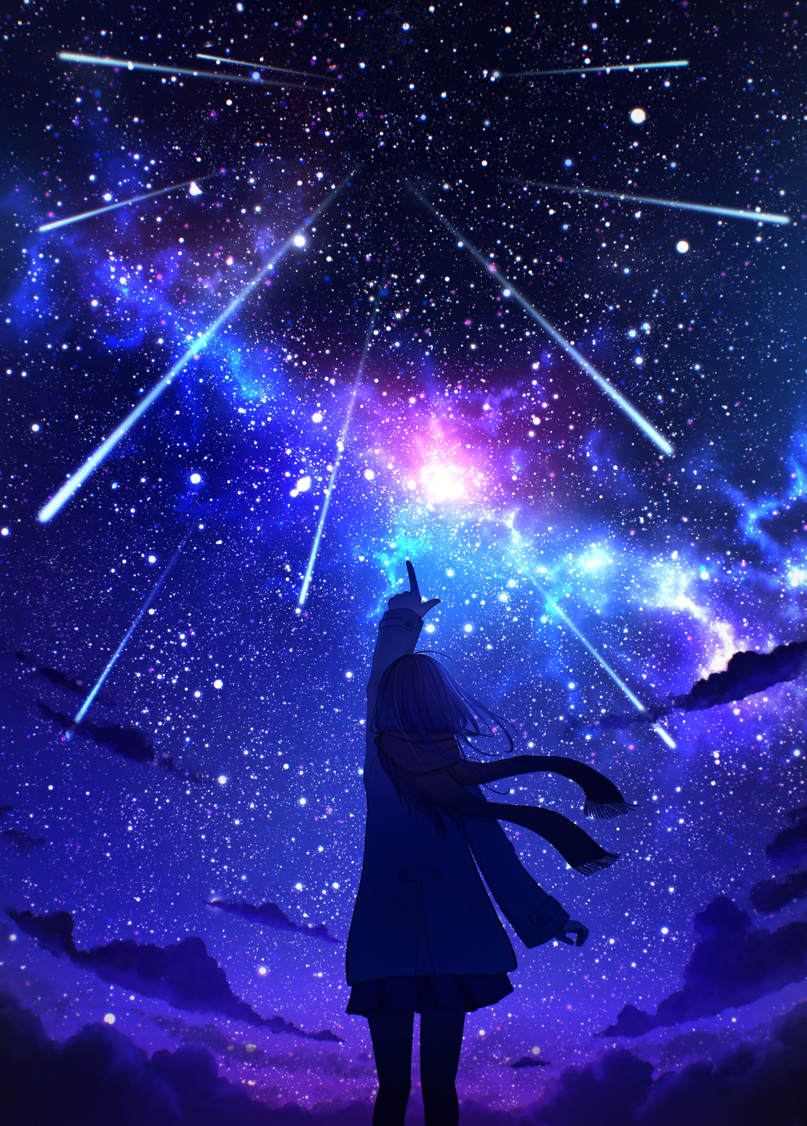 original, commentary request, highres, 1girl, arm up, cloud, coat, feet out of frame, long hair, long sleeves, looking up, meteor shower, milky way, natsuyu 3, night, night sky, pointing, scarf, scenery, shooting star, silhouette, skirt, sky, sky focus, solo, standing, star (sky), starry sky