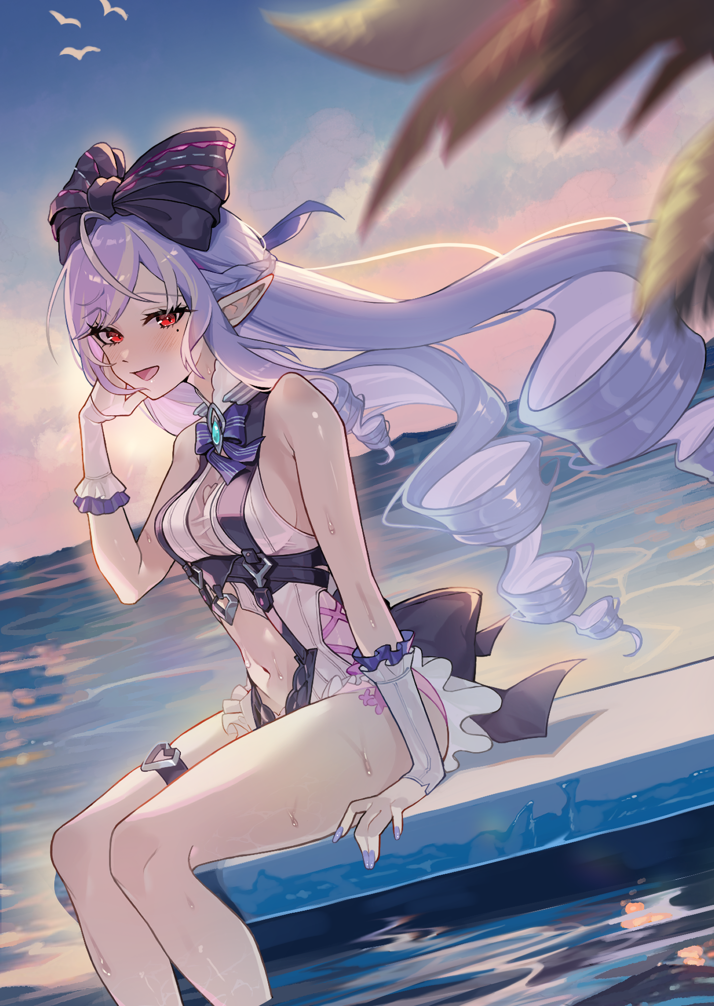 vivian banshee, vivian banshee (iris of the shore), zenless zone zero, highres, 1girl, bow, bowtie, clothing cutout, drill hair, long hair, navel cutout, official alternate costume, pointy ears, purple bow, purple bowtie, purple eyes, red eyes, shiorin illust, sitting, smile, solo, very long hair, water