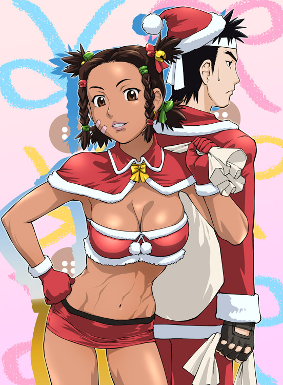 ueyama michirou, irvine, moonbay, zoids, zoids chaotic century, 1boy, 1girl, abs, bell, black gloves, braid, breasts, capelet, christmas, cleavage, dark skin, gloves, hair bell, hair ornament, hair ribbon, hat, headband, jingle bell, large breasts, red gloves, ribbon, sack, santa costume, santa hat, twin braids