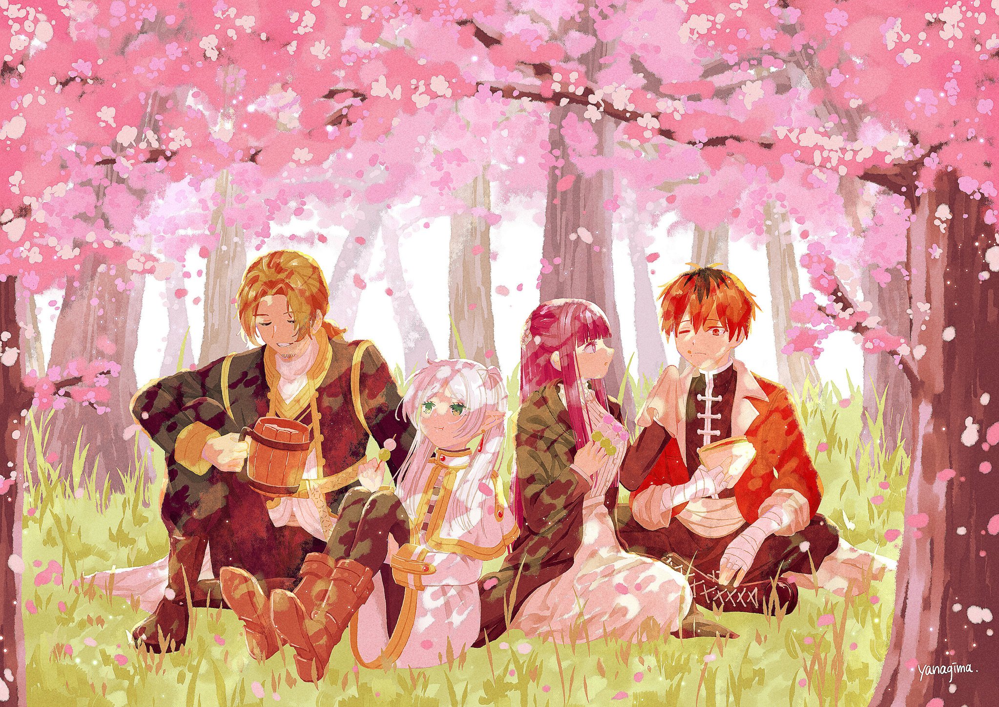 yanagima yu03, fern (sousou no frieren), sein (sousou no frieren), stark (sousou no frieren), sousou no frieren, highres, 2boys, 2girls, bandages, boots, breasts, closed eyes, dango, dappled sunlight, eating, flower, food, forest, green eyes, half updo, holding, holding food, large breasts, multiple boys, multiple girls, nature, orange eyes, orange hair, petals, picnic, pointy ears, sandwich, sanshoku dango, sidelocks, sitting, sunlight, tankard, tree, wagashi, white hair