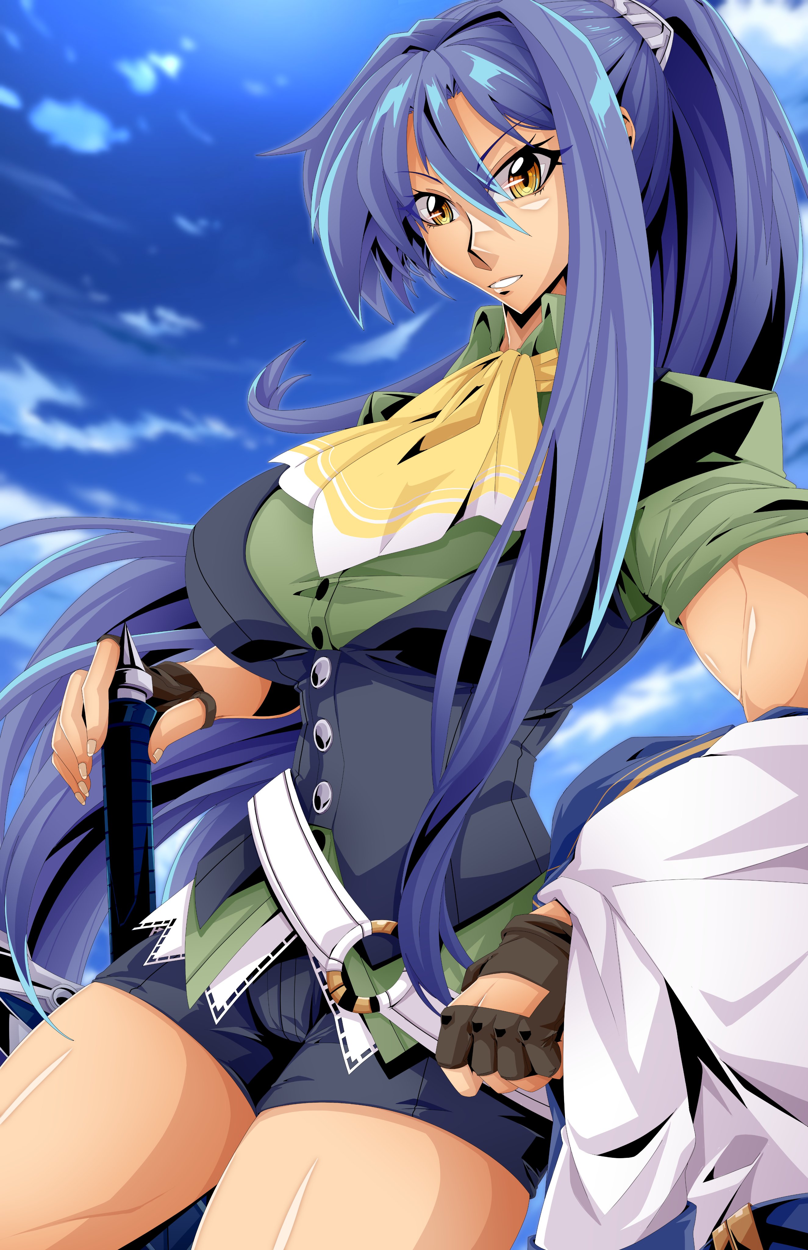 andoryu anzuru, laura s. arseid, eiyuu densetsu, sen no kiseki, sen no kiseki (series), sen no kiseki iii, absurdres, commentary, commission, english commentary, highres, 1girl, ascot, bike shorts, blue hair, blue sky, breasts, brown gloves, clothing cutout, cloud, double-parted bangs, fingerless gloves, glove cutout, gloves, hair between eyes, large breasts, long hair, long single sidelock, muscular, muscular female, outdoors, planted, planted sword, planted weapon, ponytail, shorts, sky, solo, sword, upper body, very long hair, weapon, yellow ascot