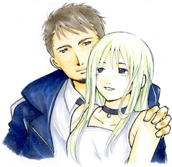 kyle hyde, mila evans, cing, hotel dusk, blonde hair, brown eyes, brown hair, choker, dress, formal clothes, grey eyes, sleeveless, sleeveless dress, smile, suit, white hair