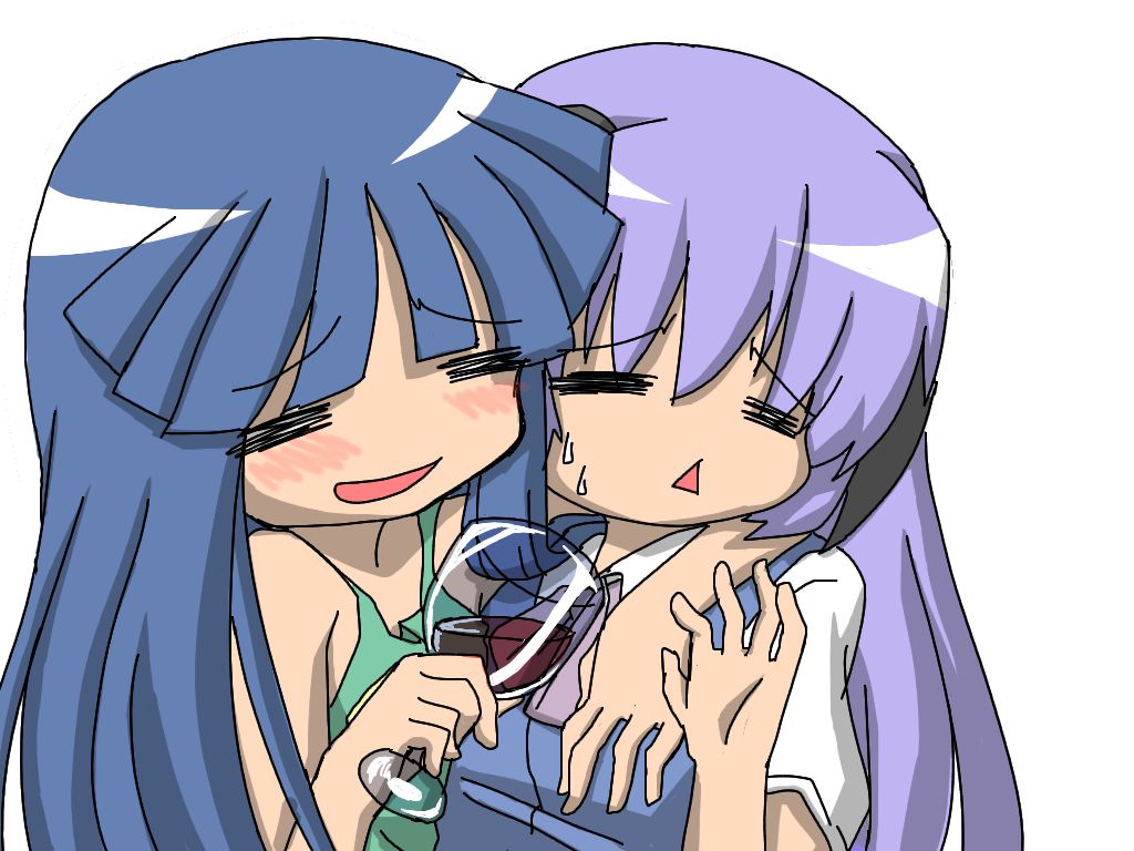 natsukawa hikari, furude rika, hanyuu, higurashi no naku koro ni, 00s, 2girls, alcohol, blue hair, chalice, cup, dress, drunk, horns, long hair, multiple girls, purple hair, school uniform, wine
