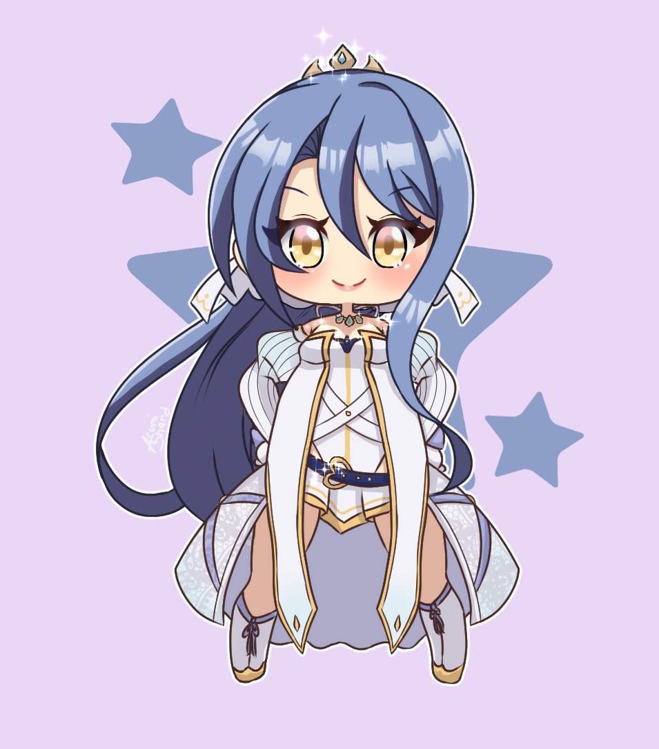 azumishard, laura s. arseid, eiyuu densetsu, sen no kiseki (series), commentary, english commentary, 1girl, blue hair, chibi, crown, double-parted bangs, dress, floating hair, full body, hair between eyes, hands on own hips, long hair, long single sidelock, looking at viewer, purple background, simple background, single sidelock, smile, solo, star (symbol), very long hair, yellow eyes