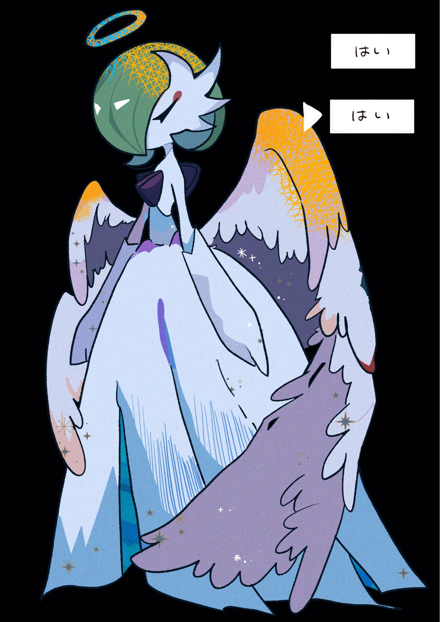 mendako (tyatyaumai29), gardevoir, mega gardevoir, nintendo, pokemon, highres, angel wings, black background, bob cut, closed eyes, dress, elbow gloves, gen 3 pokemon, gloves, green hair, halo, mega pokemon, pokemon (creature), simple background, white dress, white gloves, wings
