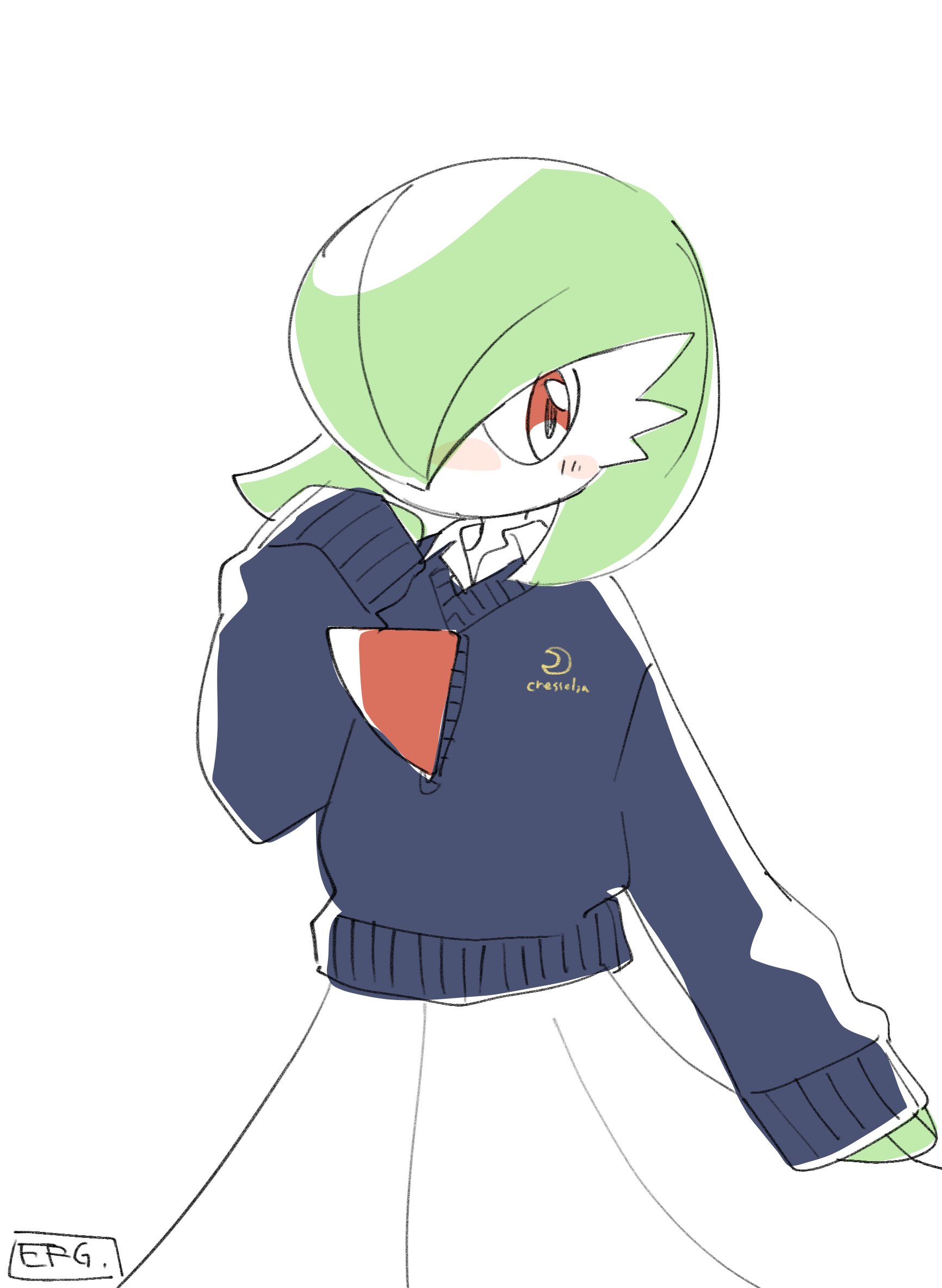 hime takeo, gardevoir, nintendo, pokemon, highres, artist name, blue sweater, bob cut, clothed pokemon, colored skin, dress, gen 3 pokemon, green hair, green skin, hair over one eye, multicolored skin, pink eyes, pokemon (creature), signature, simple background, sweater, two-tone skin, white background, white dress, white skin