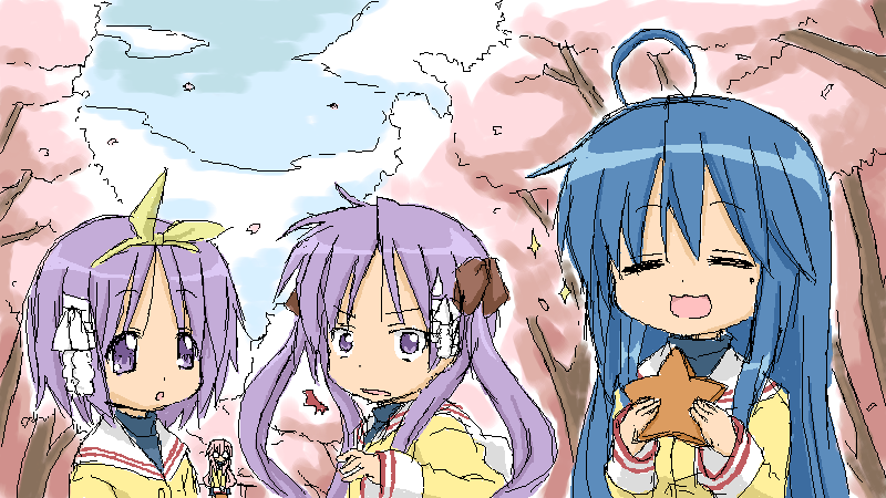 natsukawa hikari, fujibayashi kyou, fujibayashi ryou, hiiragi kagami, hiiragi tsukasa, ibuki fuuko, izumi konata, takara miyuki, clannad, kyoto animation, lucky star, 4girls, ahoge, blue hair, cherry blossoms, company connection, cosplay, fujibayashi kyou (cosplay), fujibayashi ryou (cosplay), ibuki fuuko (cosplay), long hair, look-alike, mole, mole under eye, multiple girls, oekaki, parody, purple hair, school uniform, short hair, siblings, sisters, starfish, twins