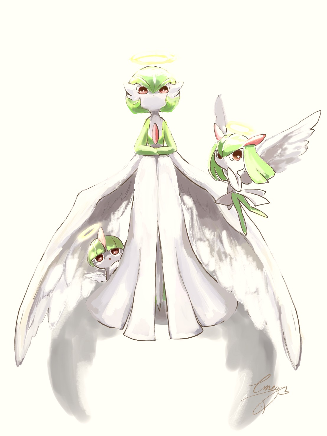 eme ko, gardevoir, kirlia, ralts, nintendo, pokemon, highres, angel wings, bob cut, bowl cut, colored skin, dress, evolutionary line, gen 3 pokemon, green hair, green skin, halo, multicolored skin, pink eyes, pokemon (creature), sidelocks, signature, simple background, two-tone skin, white dress, white skin, wings