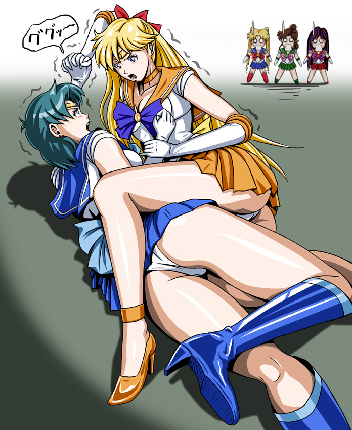tomizofu, aino minako, hino rei, kino makoto, mizuno ami, sailor jupiter, sailor mars, sailor mercury, sailor moon, sailor venus, tsukino usagi, bishoujo senshi sailor moon, blue footwear, 1990s (style), 5girls, angry, ass, blonde hair, blue hair, blue sailor collar, blue skirt, boots, bow, catfight, chibi, choker, elbow gloves, gloves, green skirt, half updo, high heels, inner senshi, knee boots, legs, leotard, long hair, lying, magical girl, multiple girls, o o, orange skirt, panties, pink bow, red bow, red skirt, sailor collar, sailor senshi, shoes, short hair, skirt, surprised, sweatdrop, tiara, trembling, underwear, white gloves, white panties, wrestling