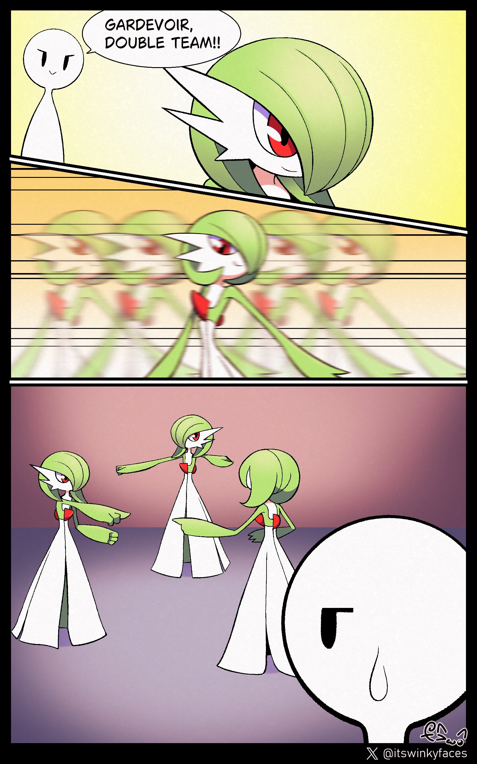 winkyfaces, gardevoir, nintendo, pokemon, absurdres, highres, artist name, bob cut, colored skin, double team (pokemon), dress, gen 3 pokemon, green hair, green skin, hair over one eye, meme, multicolored skin, pointing spider-man (meme), pokemon (creature), red eyes, signature, smile, speech bubble, two-tone skin, white dress, white skin