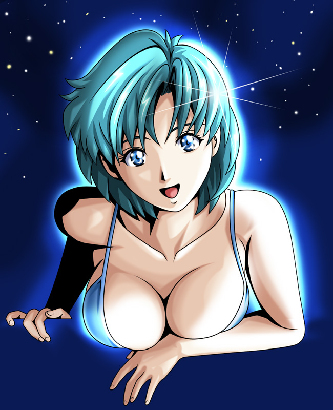tomizofu, mizuno ami, bishoujo senshi sailor moon, 1990s (style), 1girl, bikini, blue eyes, blue hair, blue theme, breasts, cleavage, female focus, large breasts, lens flare, matching hair/eyes, retro artstyle, short hair, solo, swimsuit