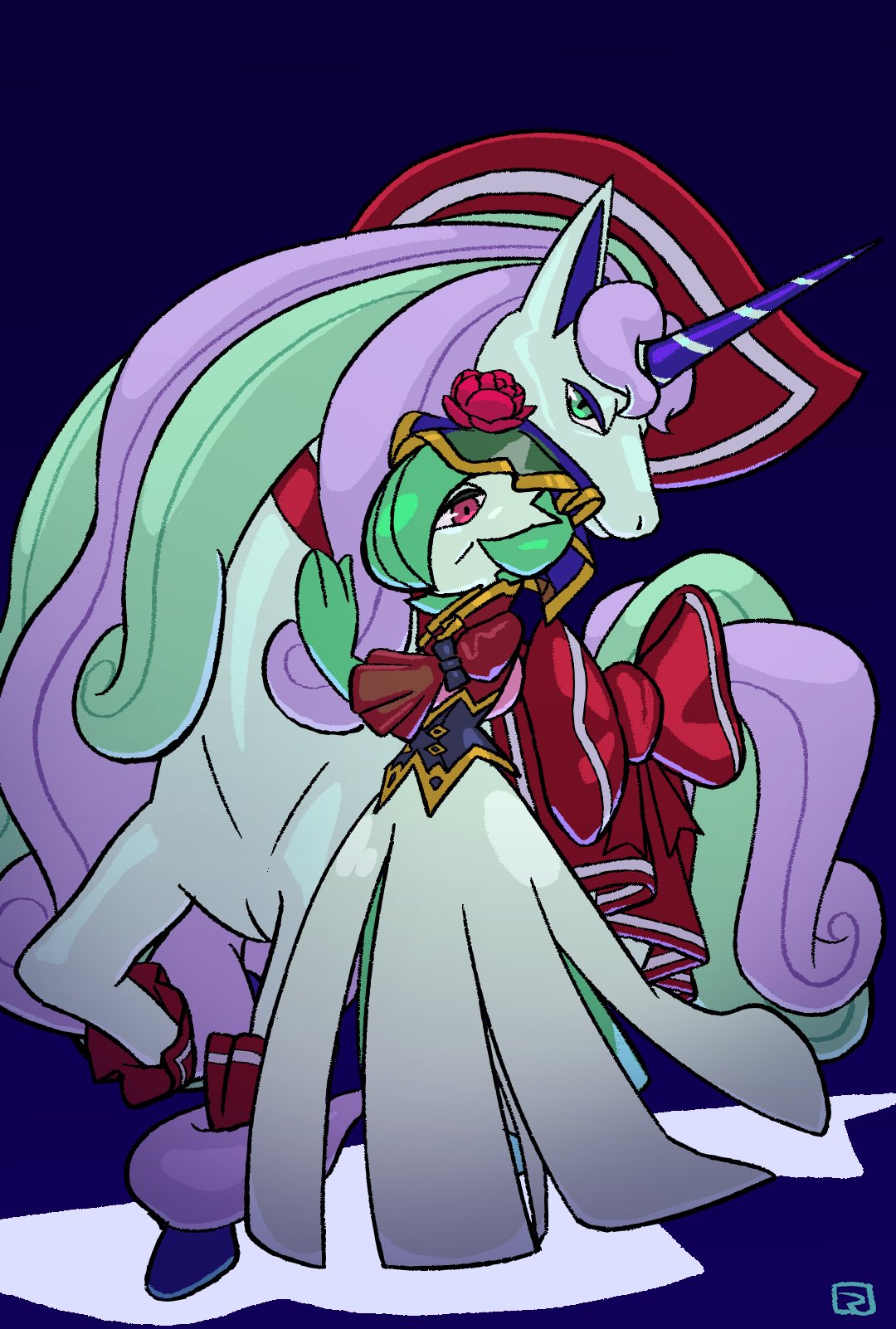 mazinger yy, galarian rapidash, gardevoir, gardevoir (aristocrat), nintendo, pokemon, pokemon unite, highres, bow, colored skin, dress, galarian form, galarian rapidash (elegant), gen 3 pokemon, gen 8 pokemon, green hair, green skin, hair over one eye, horns, looking at viewer, multicolored hair, multicolored skin, pink eyes, pokemon (creature), purple hair, red bow, signature, simple background, single horn, smile, two-tone hair, two-tone skin, unicorn, white dress, white skin