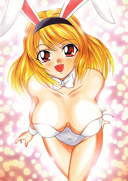 yadokari genpachirou, original, marker (medium), traditional media, 1girl, animal ears, bare legs, blonde hair, breasts, fake animal ears, female focus, large breasts, playboy bunny, rabbit ears, red eyes, short hair, solo