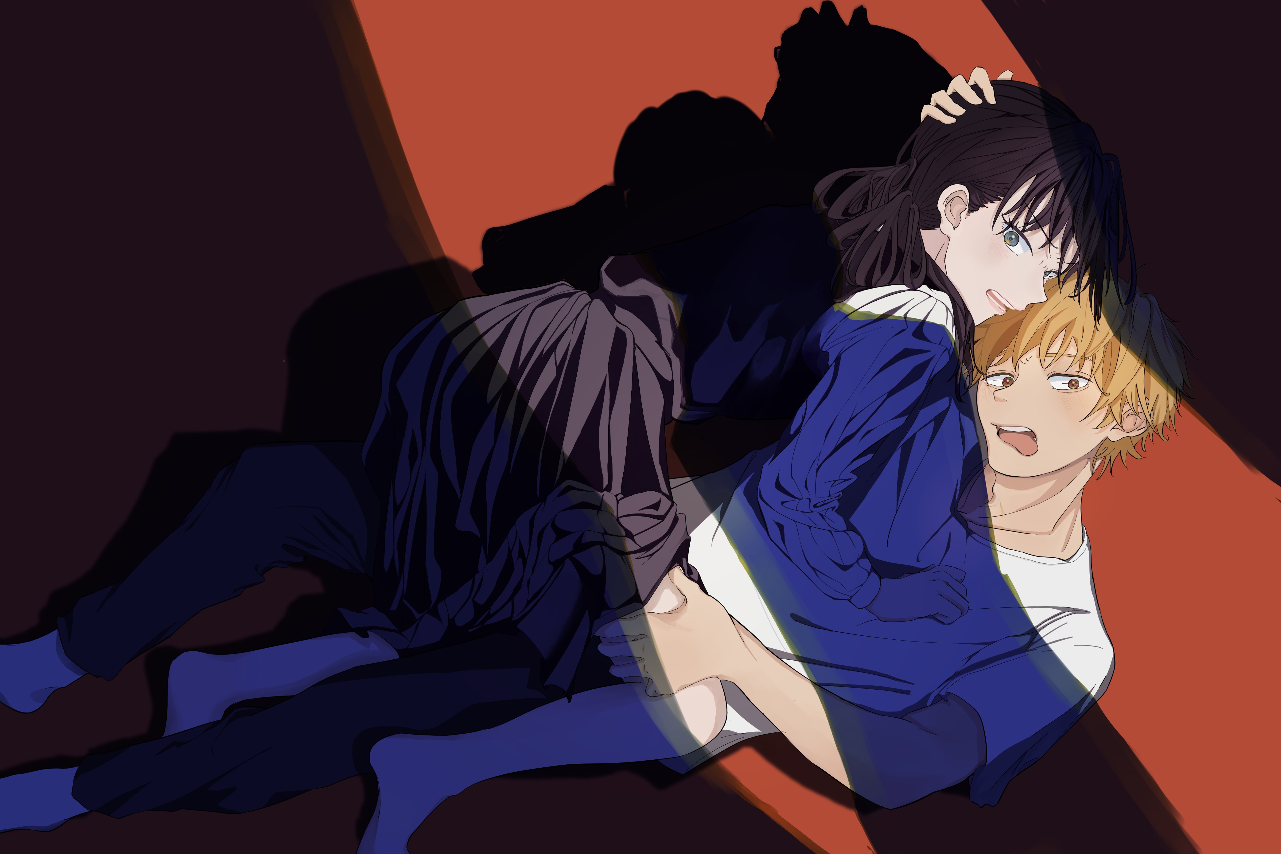 denji (chainsaw man), mitaka asa, nayuta (chainsaw man), chainsaw man, absurdres, commentary request, highres, 1boy, 1girl, all fours, black dress, black hair, blonde hair, blush, caught, collarbone, crack of light, dress, hetero, looking at another, lying, on back, out of frame, pleated dress, shadow, shirt, tongue, tongue out, white shirt, wide-eyed, yukadon, yurayuracocco