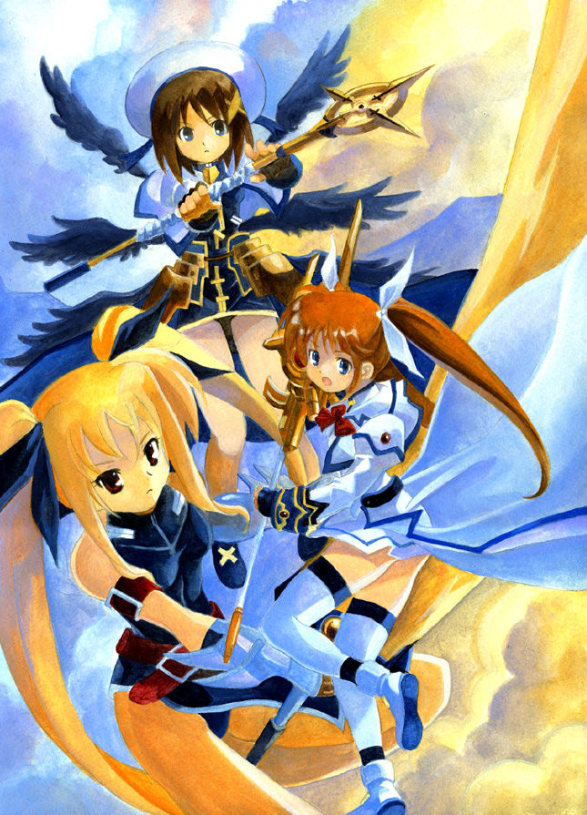kouno hikaru, bardiche (nanoha), bardiche (zanber form) (nanoha), fate testarossa, fate testarossa (true sonic form), raising heart, raising heart (buster mode), schwertkreuz, takamachi nanoha, takamachi nanoha (aggressor mode), yagami hayate, lyrical nanoha, mahou shoujo lyrical nanoha, mahou shoujo lyrical nanoha a's, bad id, bad pixiv id, traditional media, 00s, 3girls, blonde hair, blue eyes, brown hair, hat, multiple girls, red eyes, thighhighs, twintails, wings