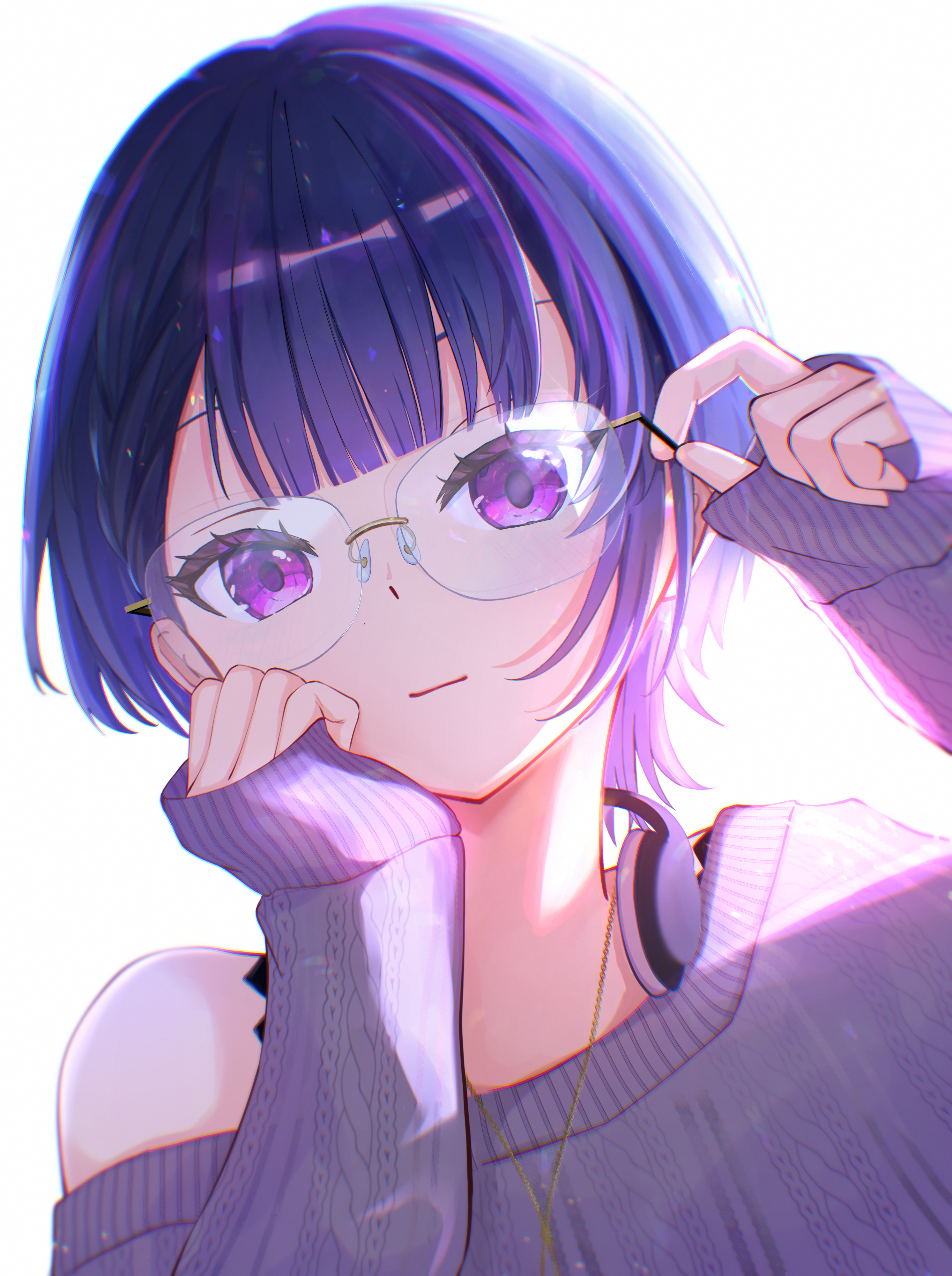 koshimizu toru, nijisanji, absurdres, commentary request, highres, 1girl, adjusting clothes, aran sweater, cable knit, chain, chain necklace, closed mouth, glasses, headphones, headphones around neck, jewelry, long sleeves, looking at viewer, natsuyu 3, necklace, nose pads, off-shoulder sweater, off shoulder, purple eyes, purple hair, purple sweater, rimless eyewear, simple background, sleeves past wrists, solo, sweater, upper body, virtual youtuber, white background