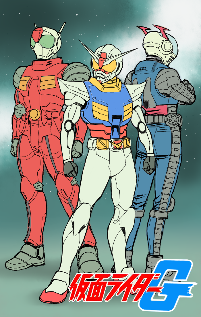 yusao, guncannon, guntank, rx-78-2 gundam, gundam, kamen rider, mobile suit gundam, 3boys, antennae, back-to-back, bodysuit, crossed arms, crossover, full body, goggles, headgear, helmet, male focus, multiple boys, parody, standing